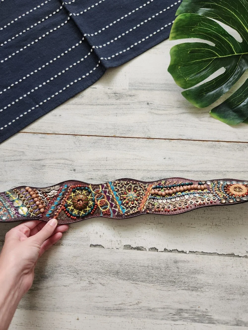 Chicos Embroidered Embellished Beaded Leather Wide Belt Brown Colorful Large